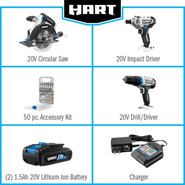 HART 20-Volt 3-Tool Combo Kit with 50-Piece Accessory Kit (2) 20-Volt 1.5Ah Lithium-Ion Batteries