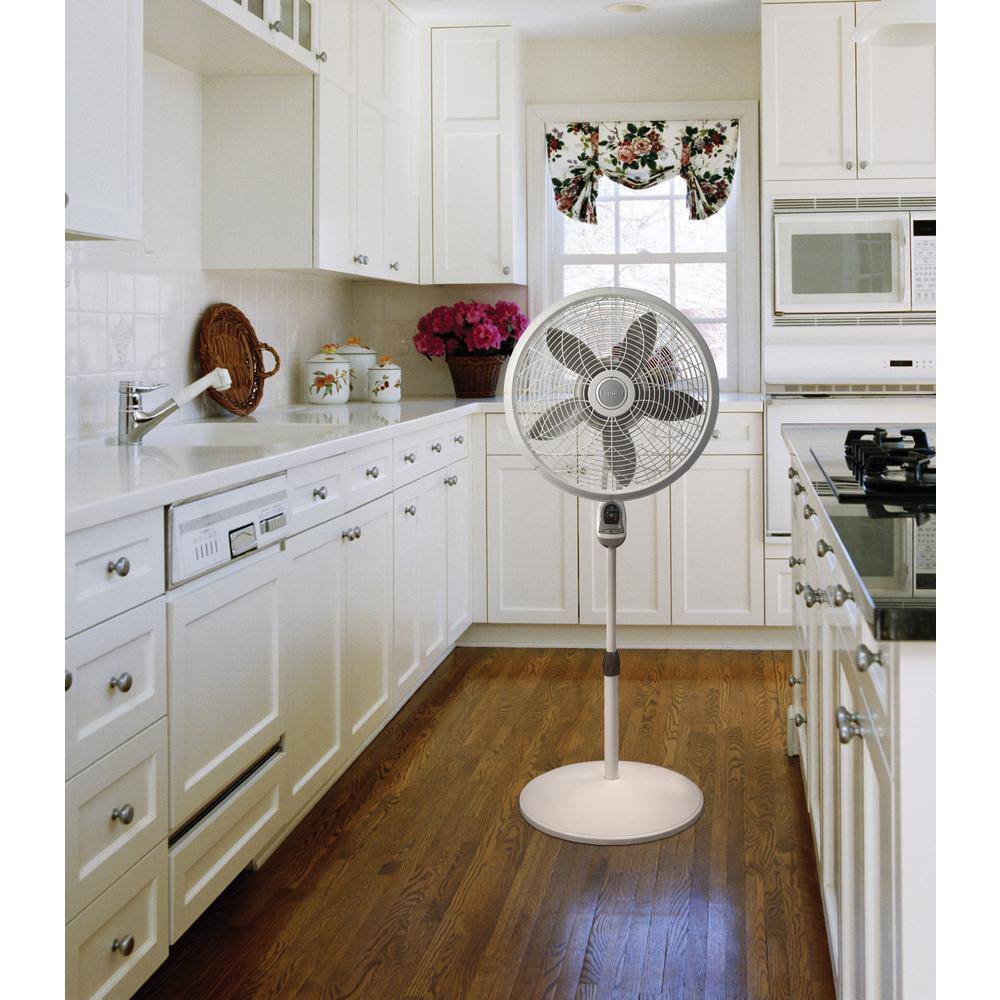 Lasko Elegance and Performance Adjustable-Height 18 in. 3 Speed White Oscillating Pedestal Fan with Timer and Remote Control 1850