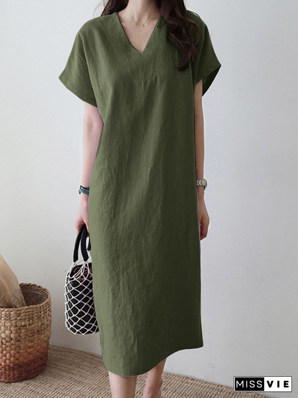 Solid V-neck Short Sleeve Dress For Women