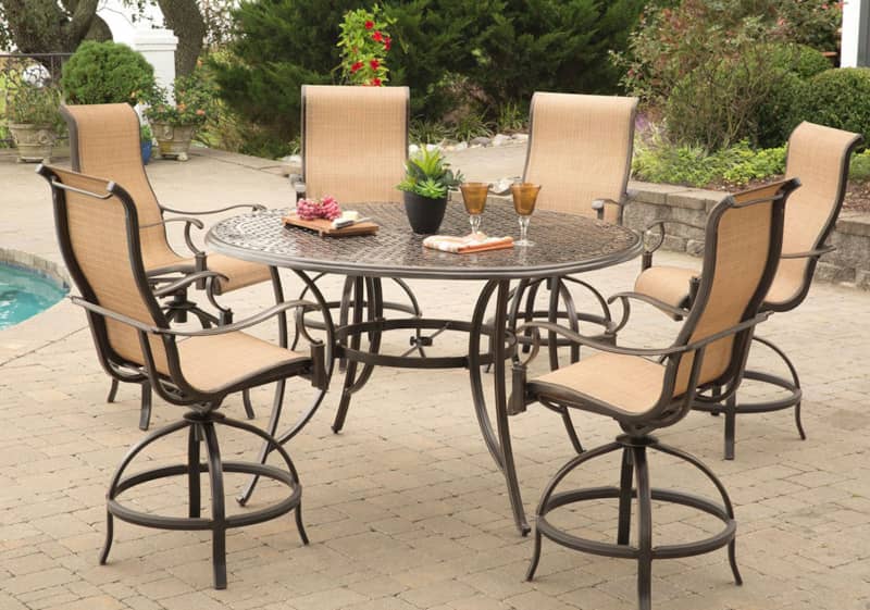 Hanover Manor 7-Piece Outdoor Dining Set In Tan Sling/Cast With 6 Sling Counter Height Swivel Chairs， 56 Round Cast Table