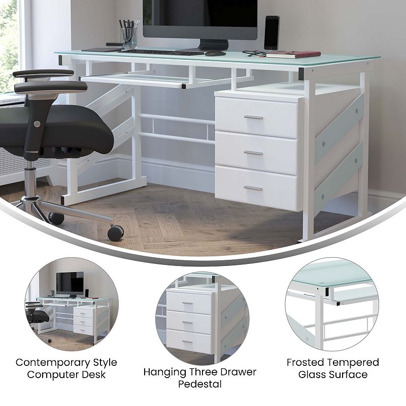 Emma and Oliver White Computer Desk with Frosted Glass Top and Three Drawer Pedestal