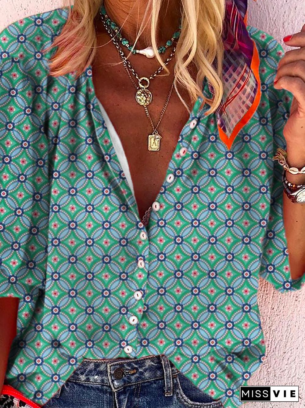 Plus size Boho Geometric Printed Casual Blouse