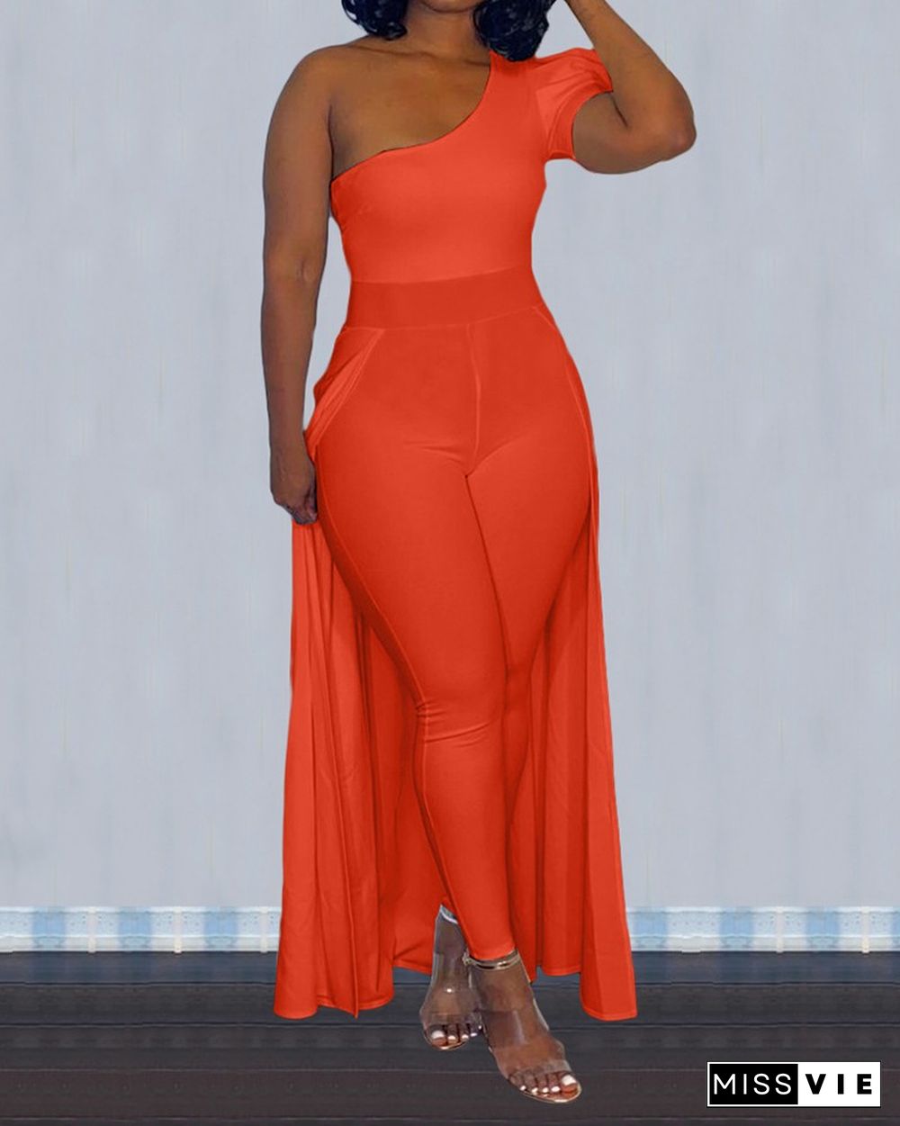 Solid Color One Shoulder Jumpsuit With Skirt