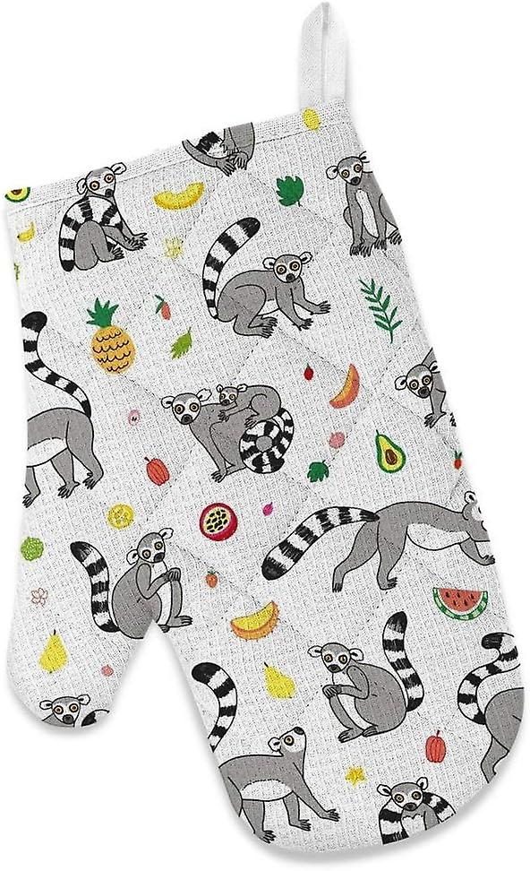 Insulation Kitchen Oven Mitts Potholder Apron 3pcs Set Tropical Fruits And Lemur Non Slip Heat Resistant Gloves For Baking Cooking Bbq