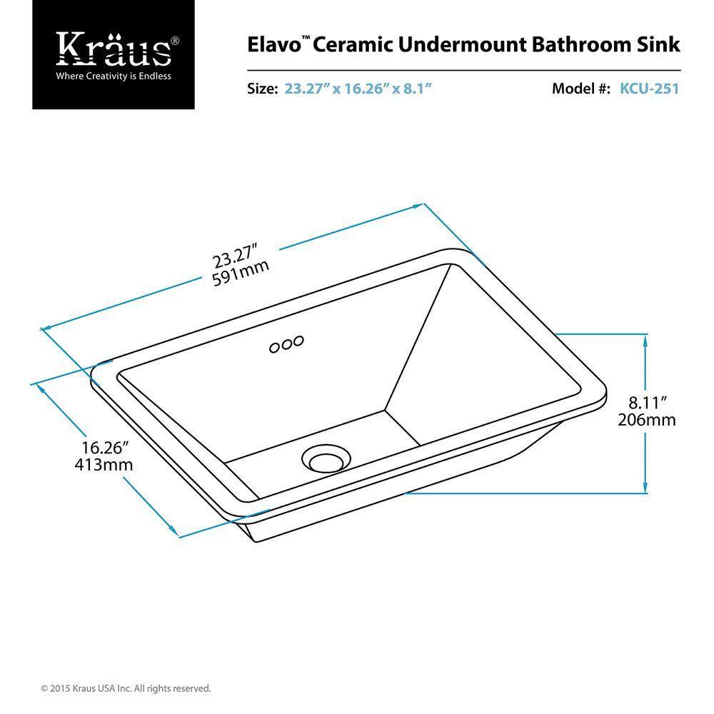 KRAUS Elavo Large Rectangular Ceramic Undermount Bathroom Sink in White with Overflow KCU-251