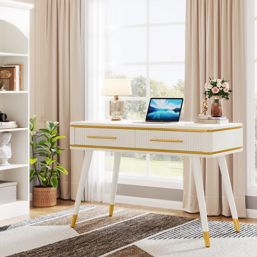 47 Inches Computer Desk with 2 Drawers  White Study Writing Desk