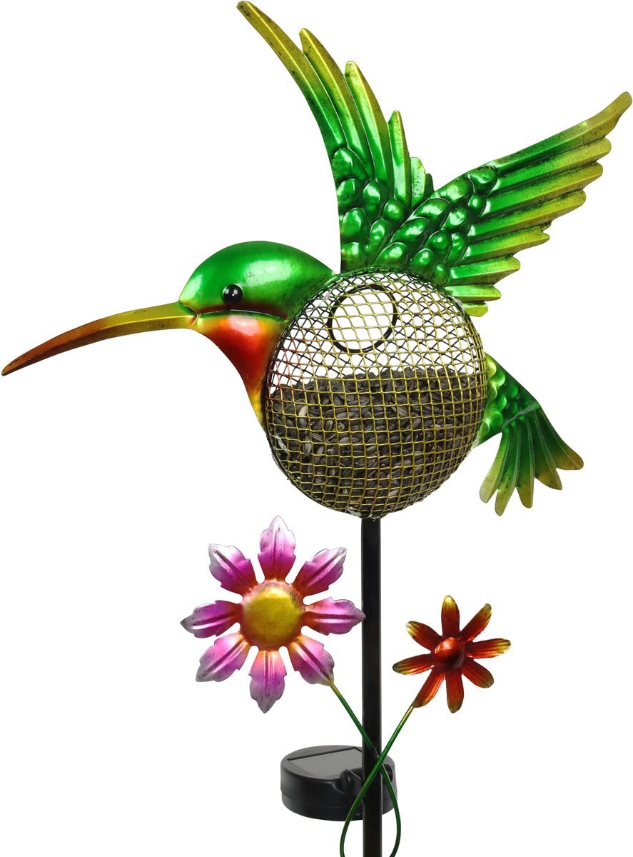 Exhart Solar Hand Painted Hummingbird Metal Mesh Pellet Bird Feeder Garden Stake