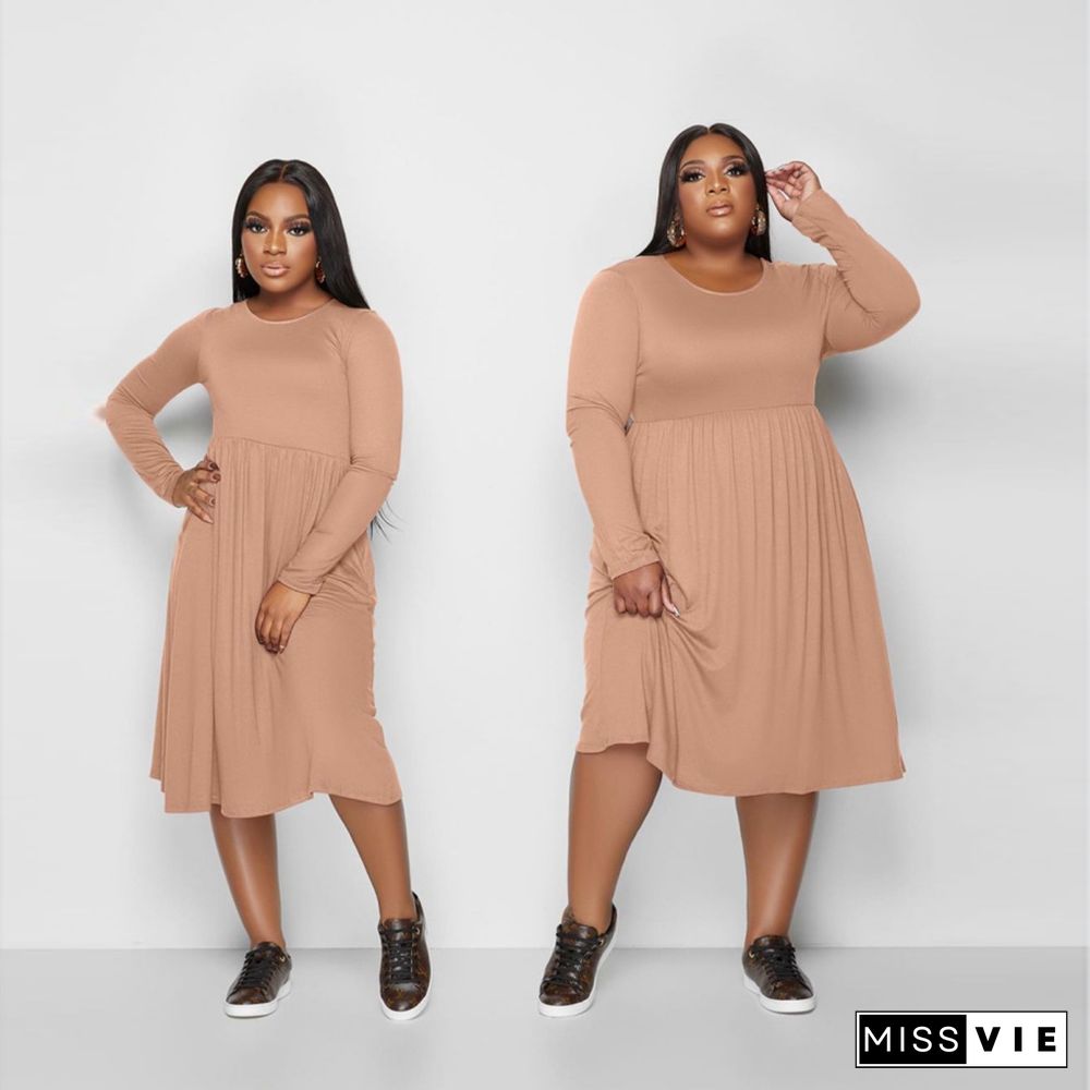 Solid Color Long Sleeve A Line Plus Size Dresses