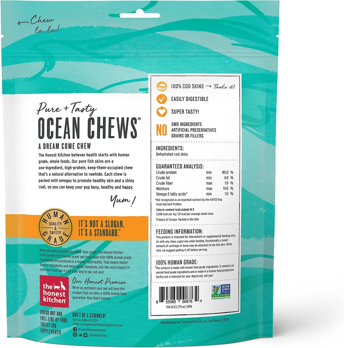 The Honest Kitchen Beams Ocean Chews Cod Fish Skins Dehydrated Dog Treats， Small， 2.75-oz bag