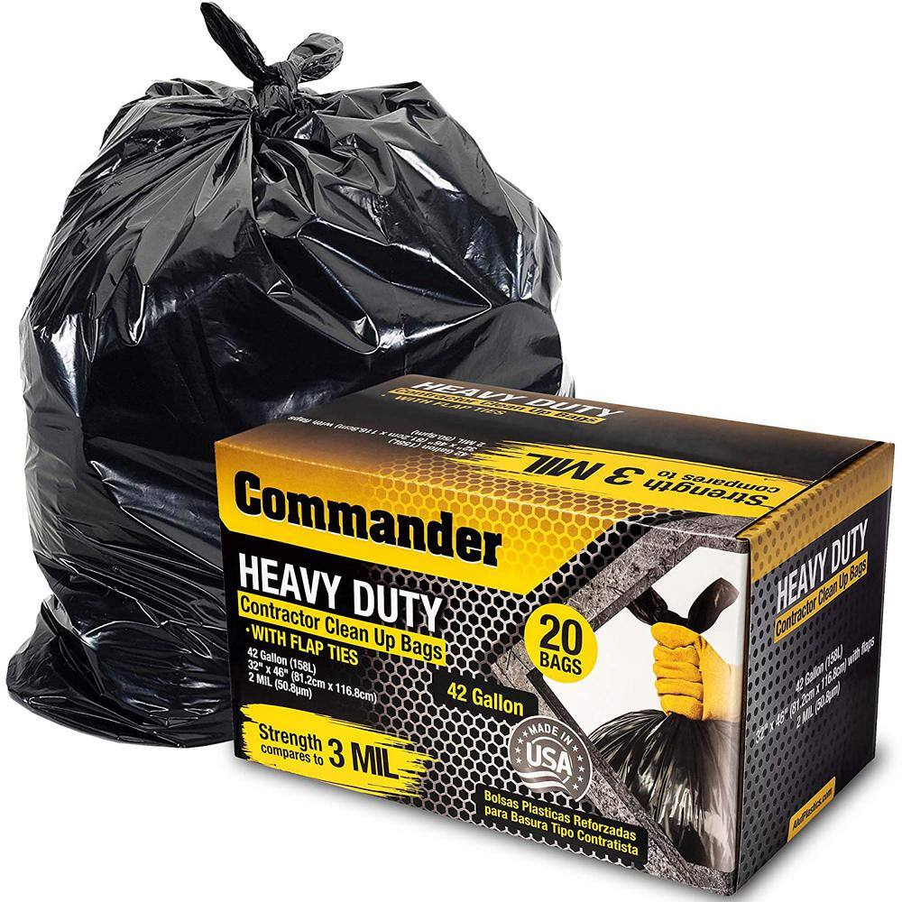 Commander 33 in. x 45 in. 42 Gal. Black Heavy-Duty Trash Bags (Pack of 20) 3 mil for Home Kitchen Lawn and Contractor (Pack of 20) 3MCON20