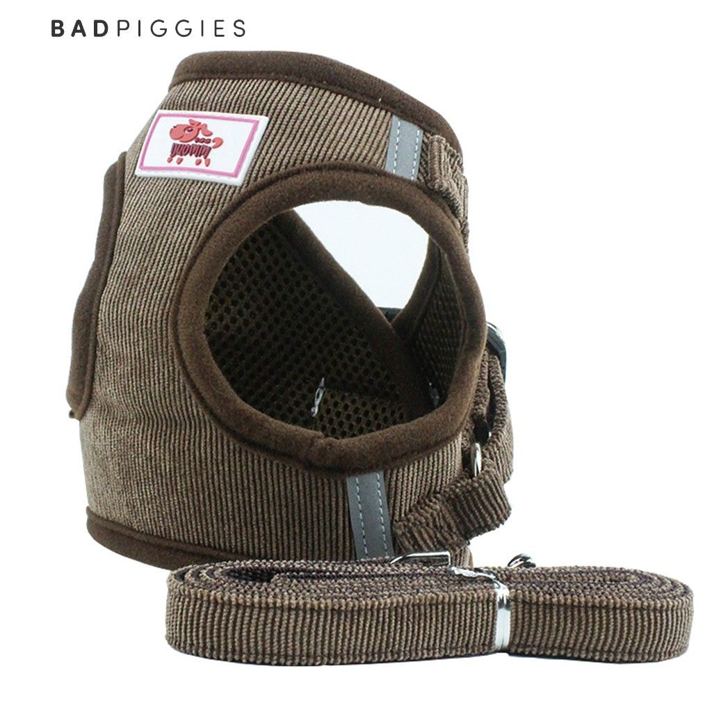 BadPiggies Universal Puppy Cat Dog Harness with Leash Set Escape Proof Adjustable Reflective Mesh Corduroy Harnesses (XL， Coffee)