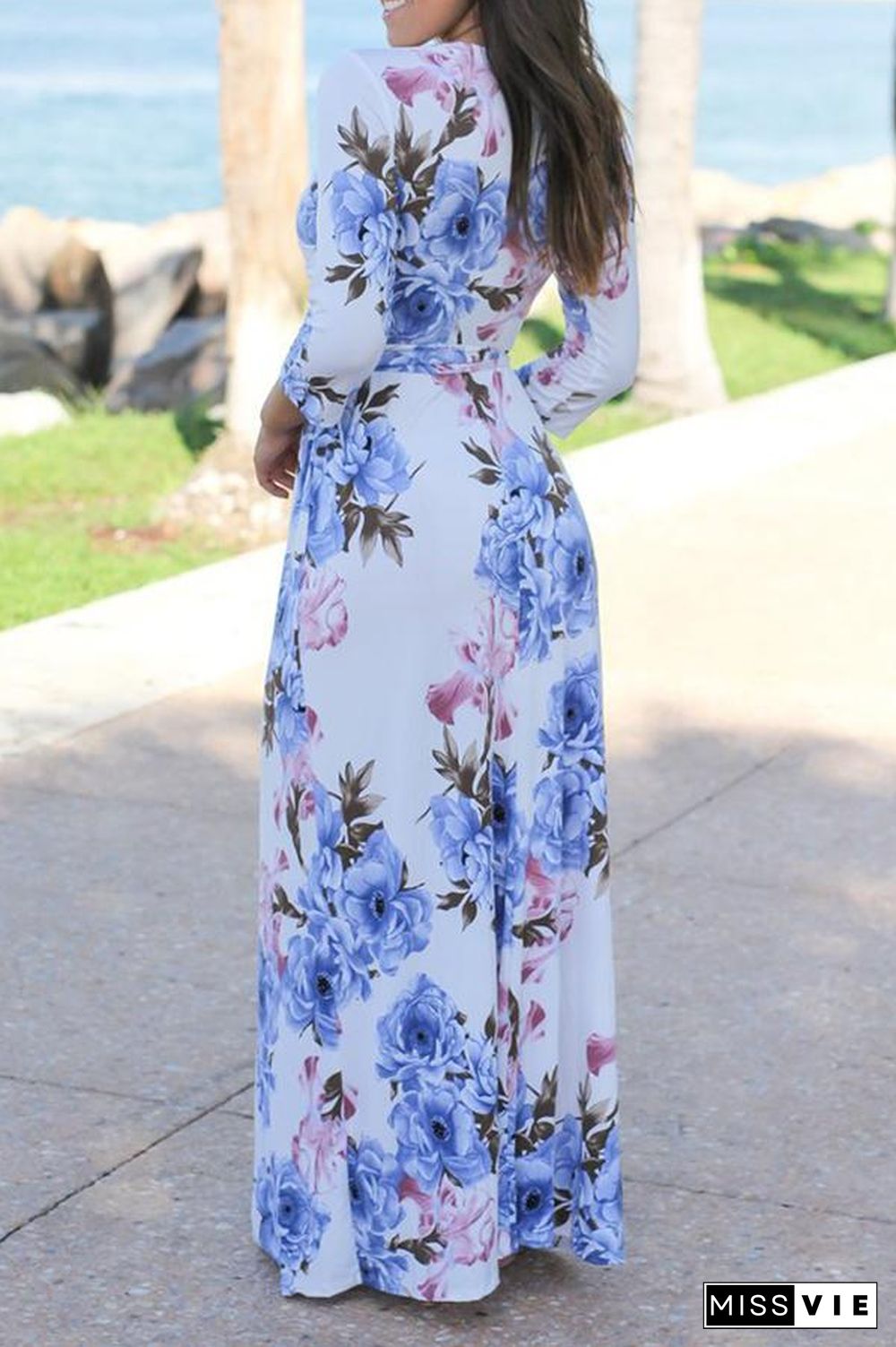 Mixed Color Flower Printed V Neck Maxi Dress