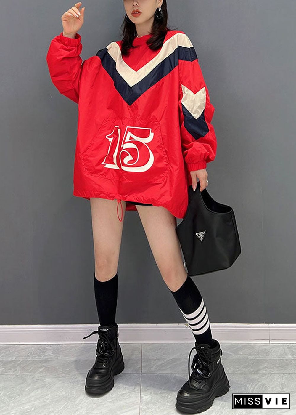 Stylish Red Oversized Pockets Drawstring Print Sweatshirts Top Fall