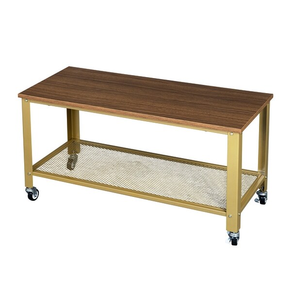 Natural Style Coffee Table with Golden Base and 4 Wheels at the Bottom for Living Room Bedroom