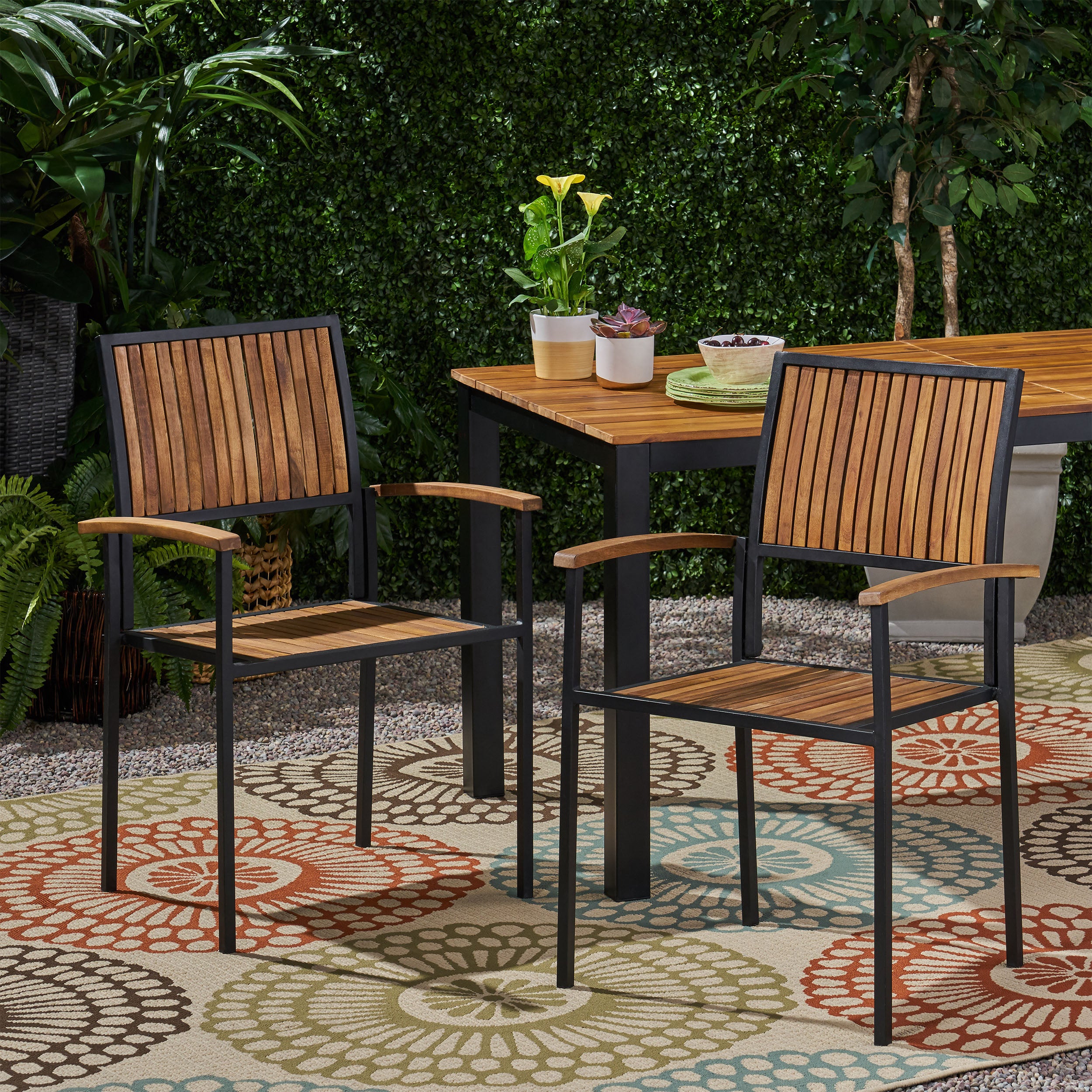 Owen Outdoor Wood and Iron Dining Chair (Set of 2)