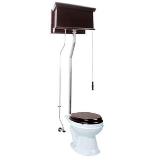 RENOVATORS SUPPLY MANUFACTURING High Tank 1.6 GPF1-Flush Elongated Bowl Toilet in White with Dark Oak Tank and Chrome Pipe Seat not Included 12201