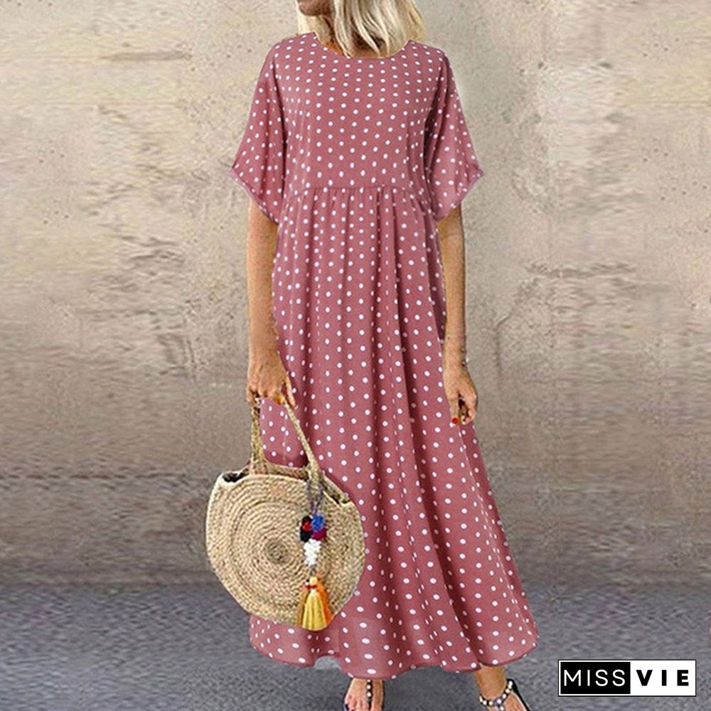 Women Summer Retro Polka Dot Printed Long Dress Casual Loose O-neck Short Sleeve Tunic Dress Maxi Dress Vestidos S-5XL