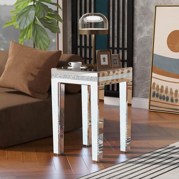 Modern Glass Mirrored Side Table with Crystal Design and Adjustable Height Legs