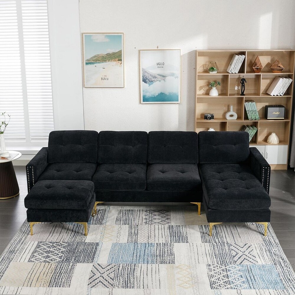 Modern velvet combination sofa with footstool and chaise longue