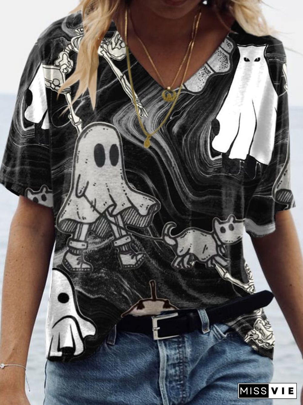 Women's Ghost Print Short Sleeve T-Shirt