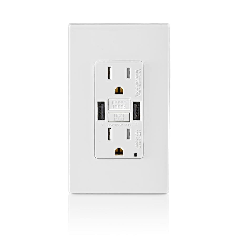 Leviton 15 Amp Smartlock Pro Self-Test GFCI Combination 24-Watt (4.8 Amp) Type A USB In-Wall Charger Duplex Outlet White R02-GUSB1-0BW