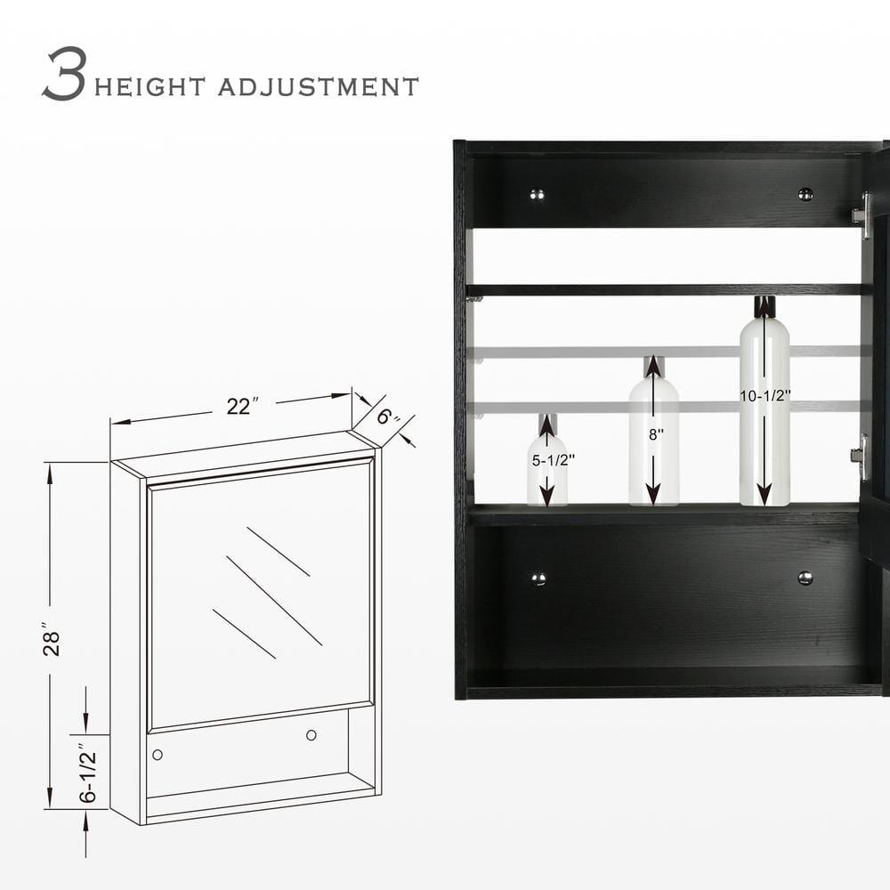 eclife 22 in W x 28 in H x 6 in D Black Wood Wall Surface Mount Medicine Cabinet with Mirror with 2Adjustable Shelves