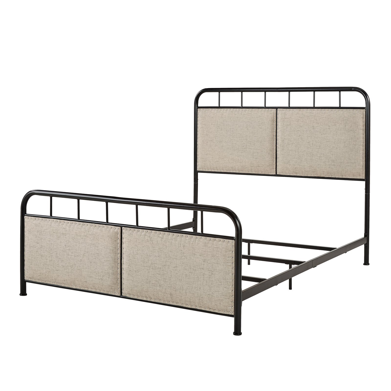 Weston Home Exton Black Metal Queen Bed with Beige Upholstered Headboard and Footboard