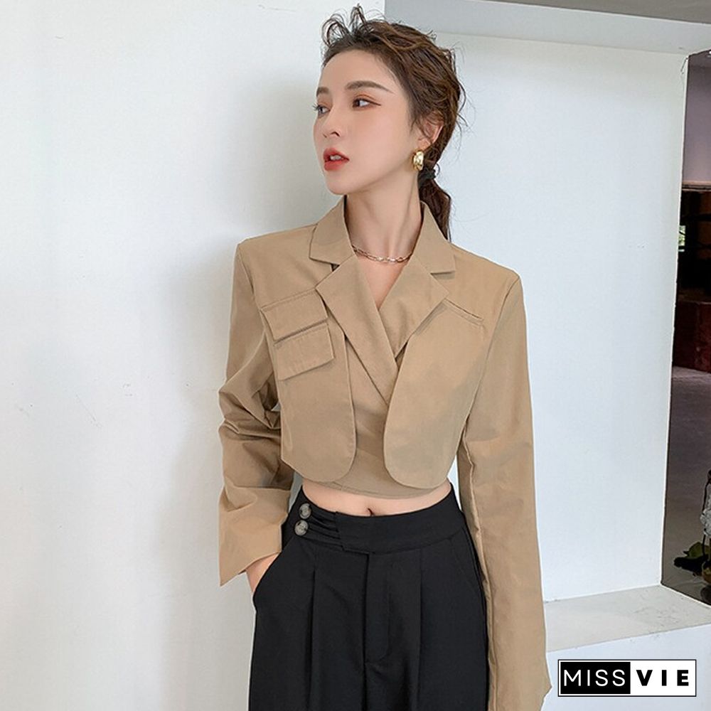 Fall Fashion Unique Design Sexy Blazer Women Long Sleeve Pocket Khaki Short Jacket Korean Slim Solid Green Lady Outwear New