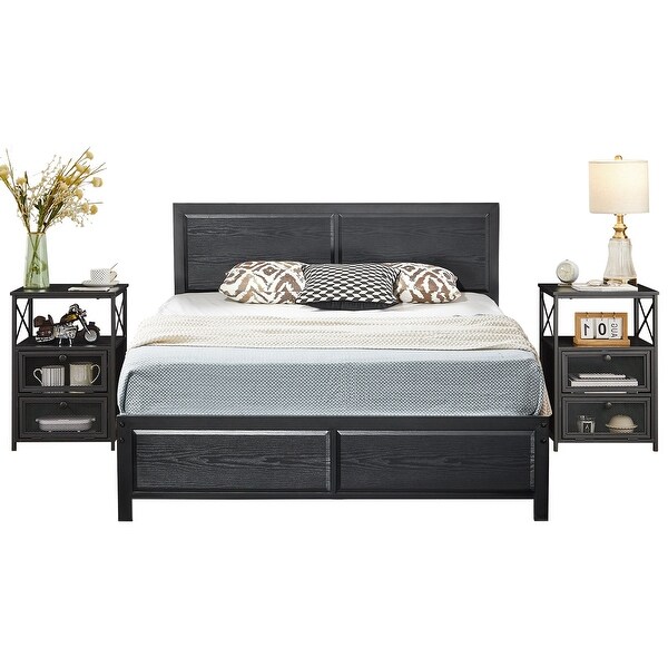 Industrial 3 Piece Bedroom Set Platform Bed Frame and Nightstands Set of 2， Black - - 37127705