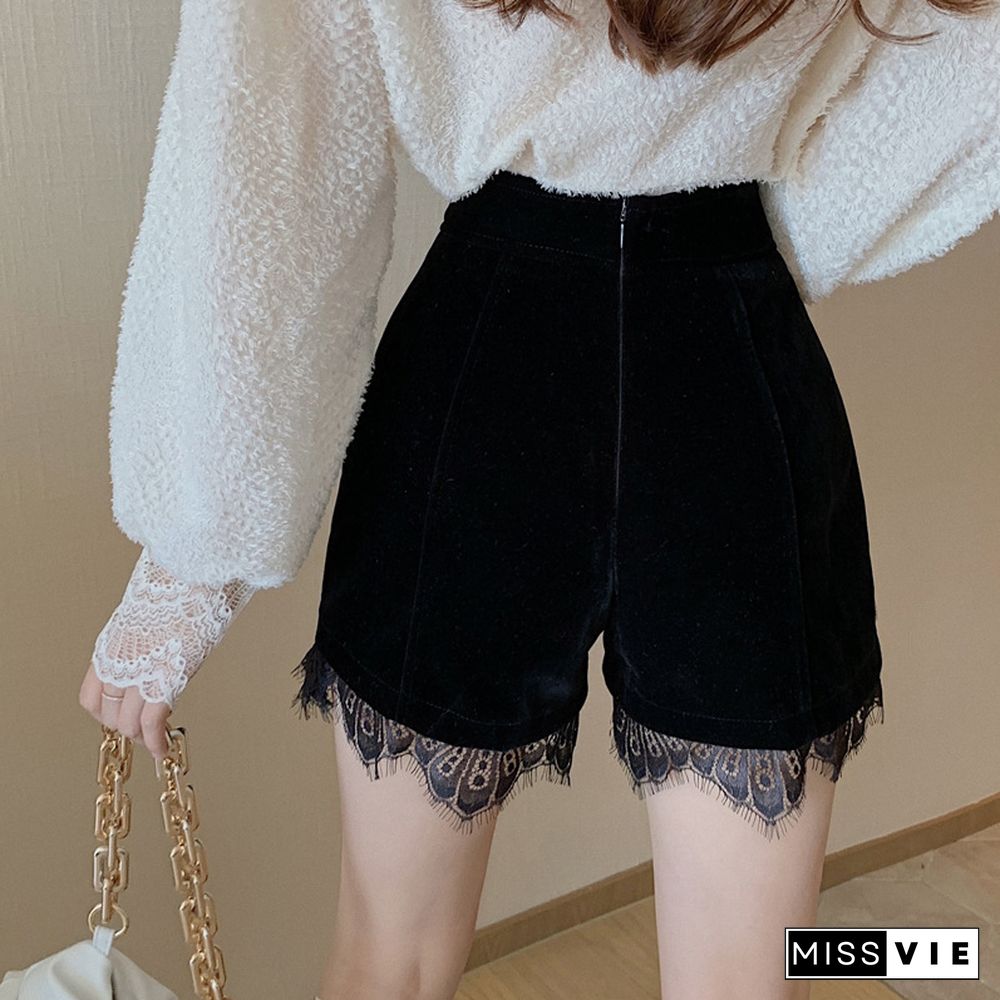 Sexy Lace Trim Velvet Shorts