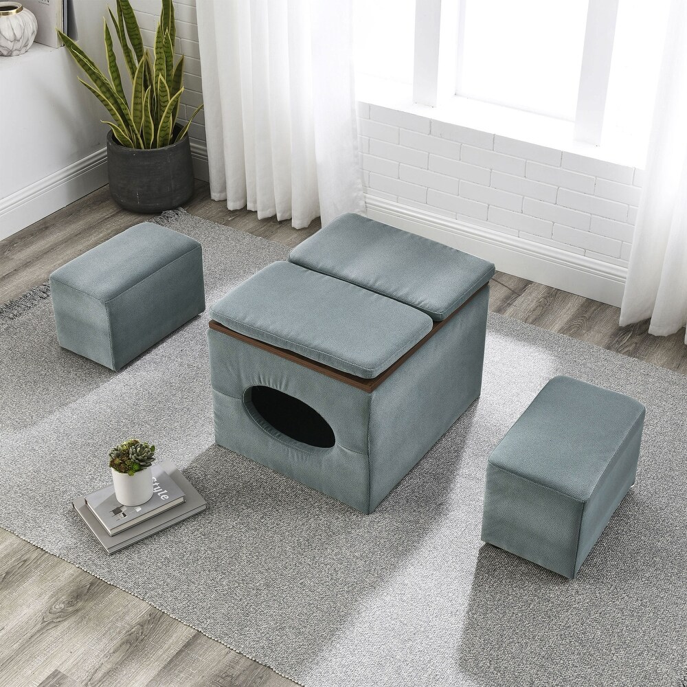 Modern Design Hollow Storage Ottoman Bench  Upholstery Coffee Table 2 Small footstools Short Ottoman Stoo  Grey