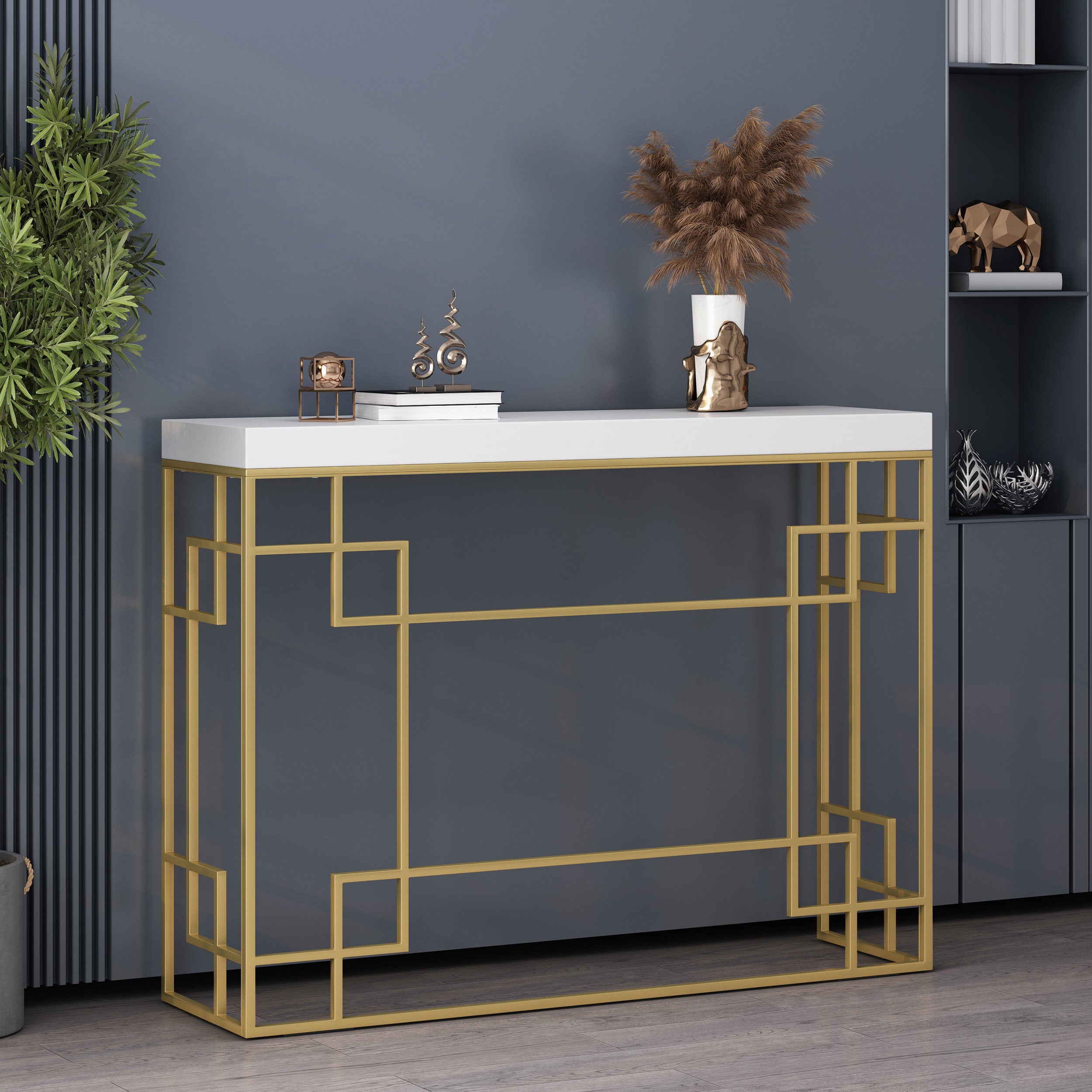 Filly Modern Glam Geometric Console Table, Gold and White