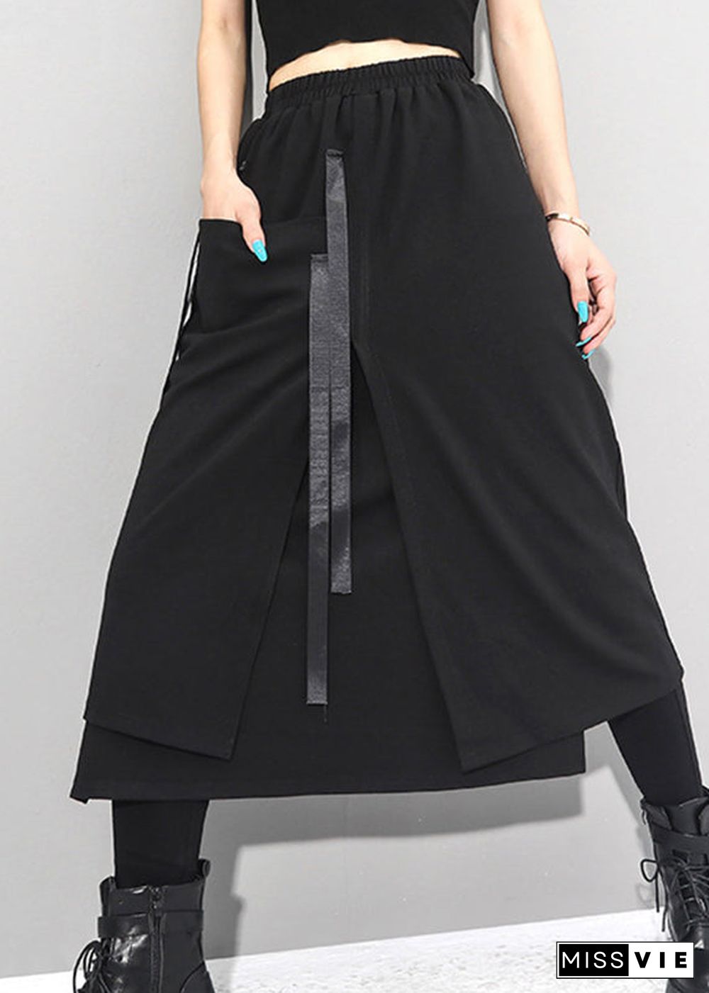 Women Black Asymmetrical Patchwork Pockets Elastic Waist Skirts Fall