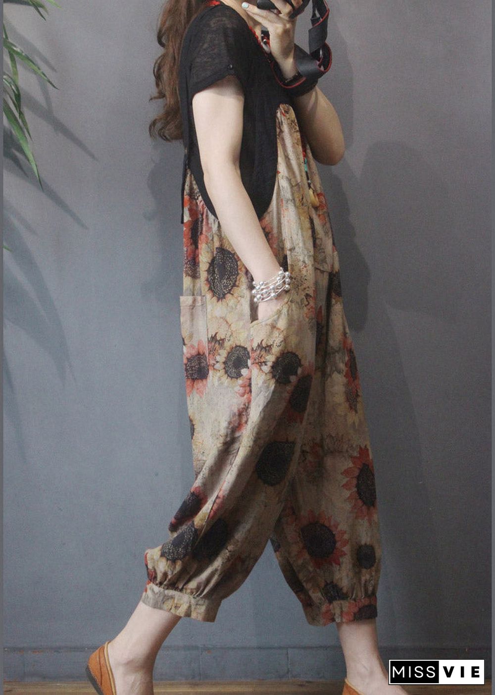 Loose Khaki Patchwork Print Wide Leg Jumpsuits