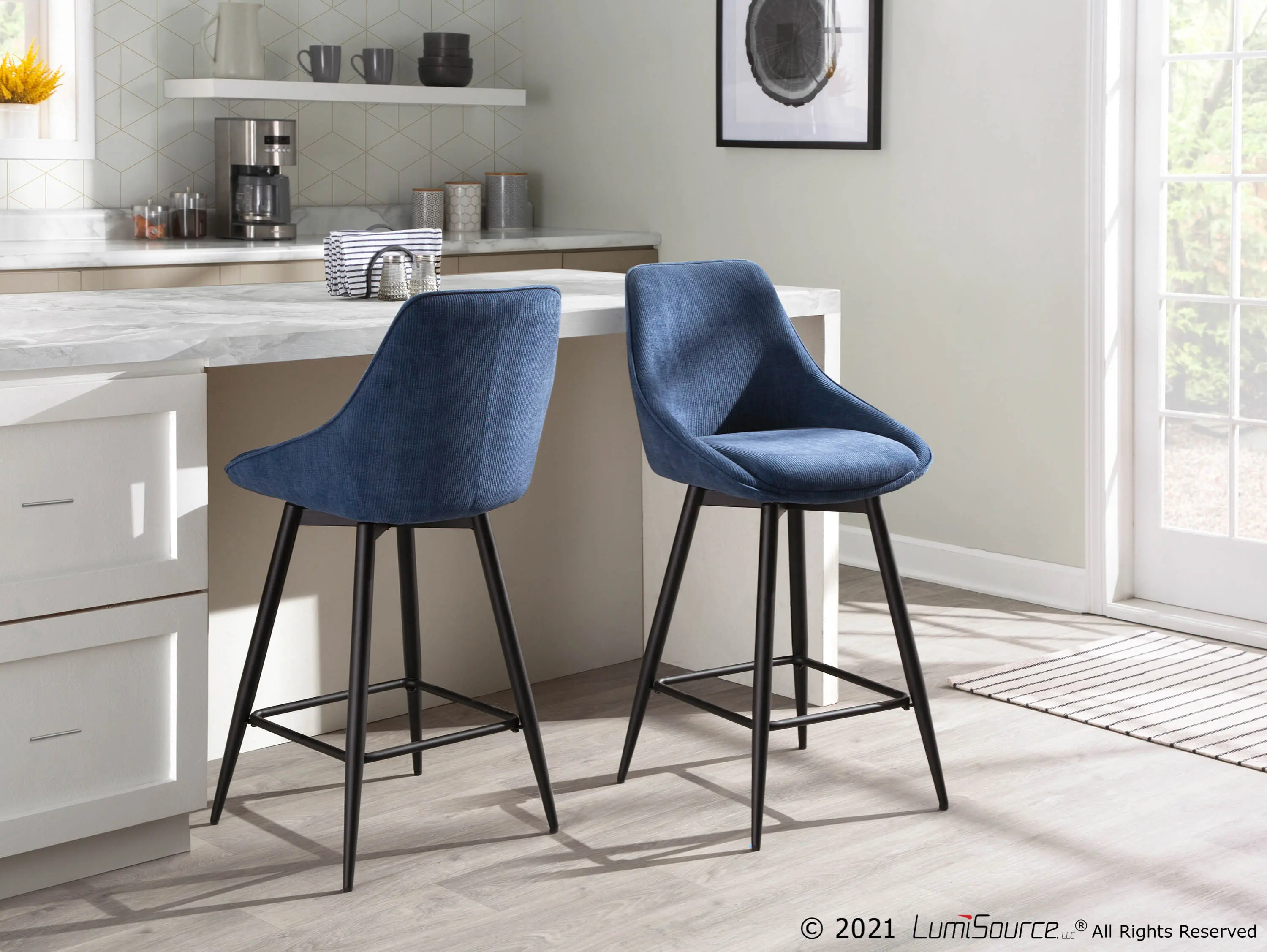 Diana Blue Corduroy Swiveling Counter Stools， Set of 2