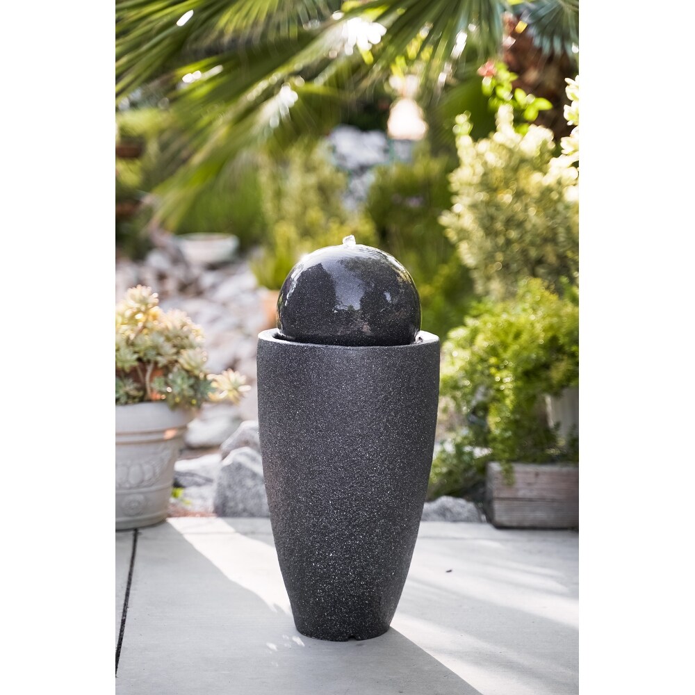 XBrand Modern Stone Textured Round Sphere Water Fountain  LED Lights  25.6 Inch Tall  Black