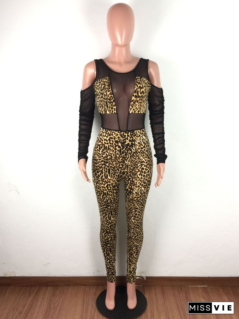 Sexy Mesh Sheer Patchwork Leopard Printed Bodycon Jumpsuit