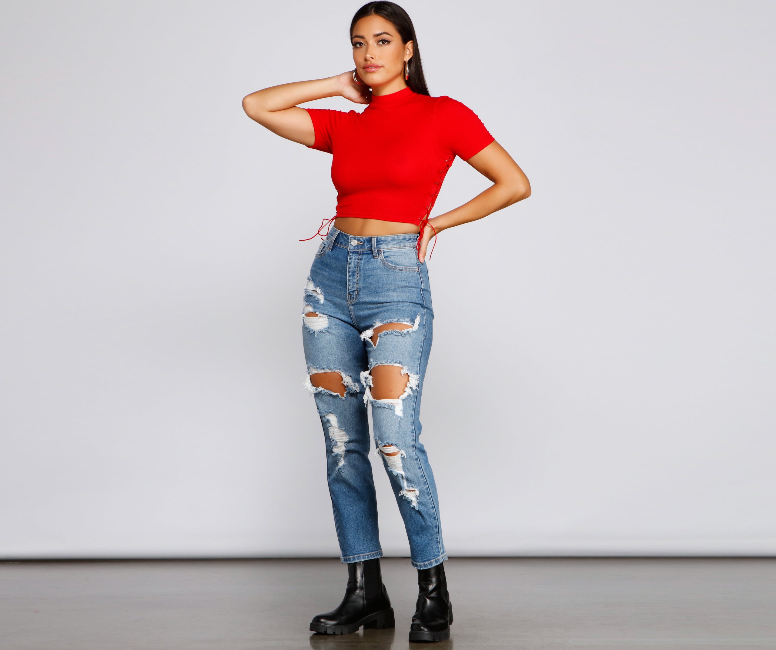 Back To Basics Lace Up Ribbed Knit Top