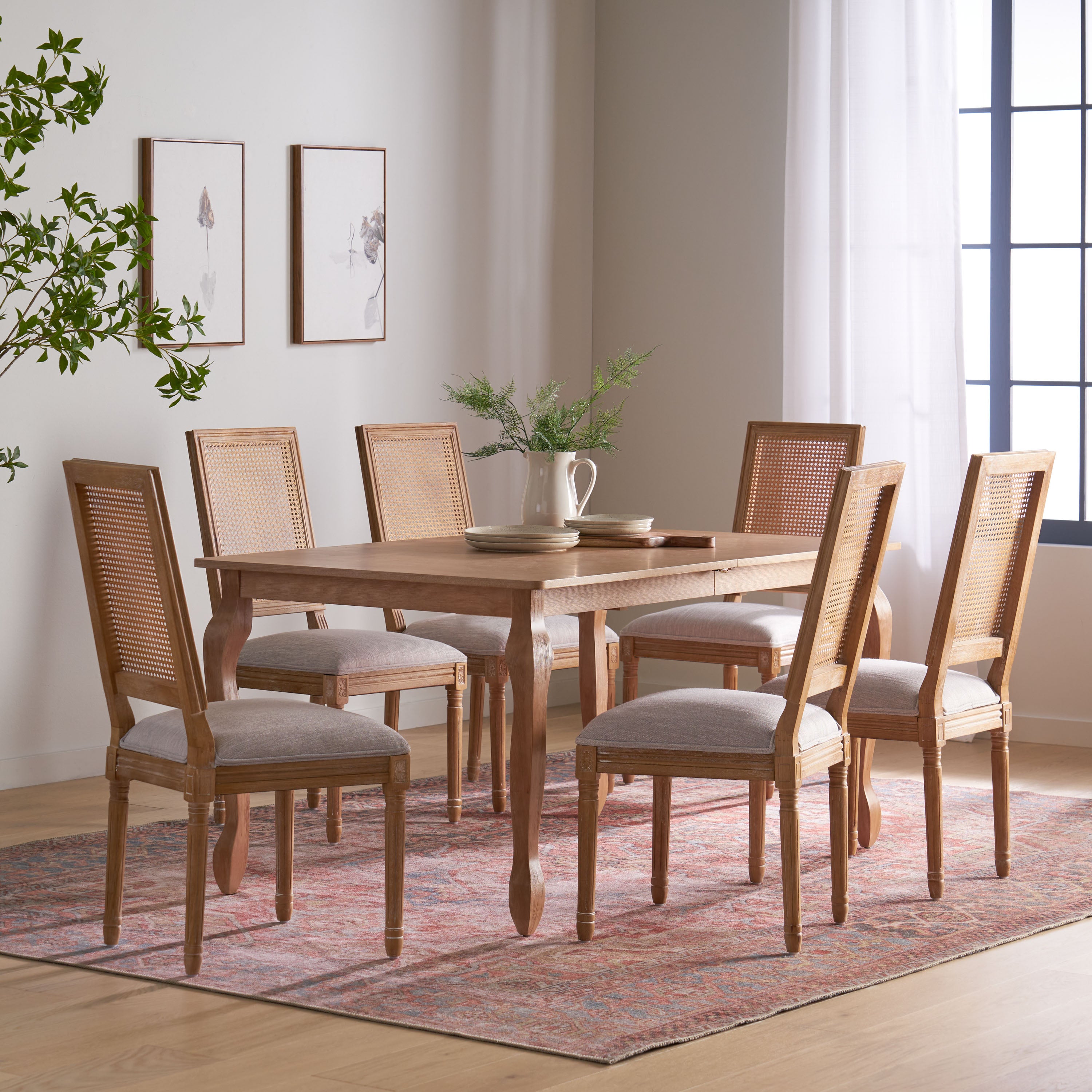 Fernleaf French Country Fabric Upholstered Wood and Cane Expandable 7 Piece Dining Set