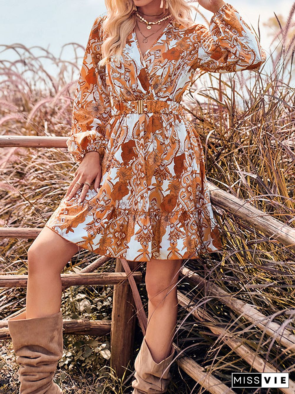 A-line Long Sleeves Belted Flower Print Pleated Split-Joint V-neck Mini Dresses