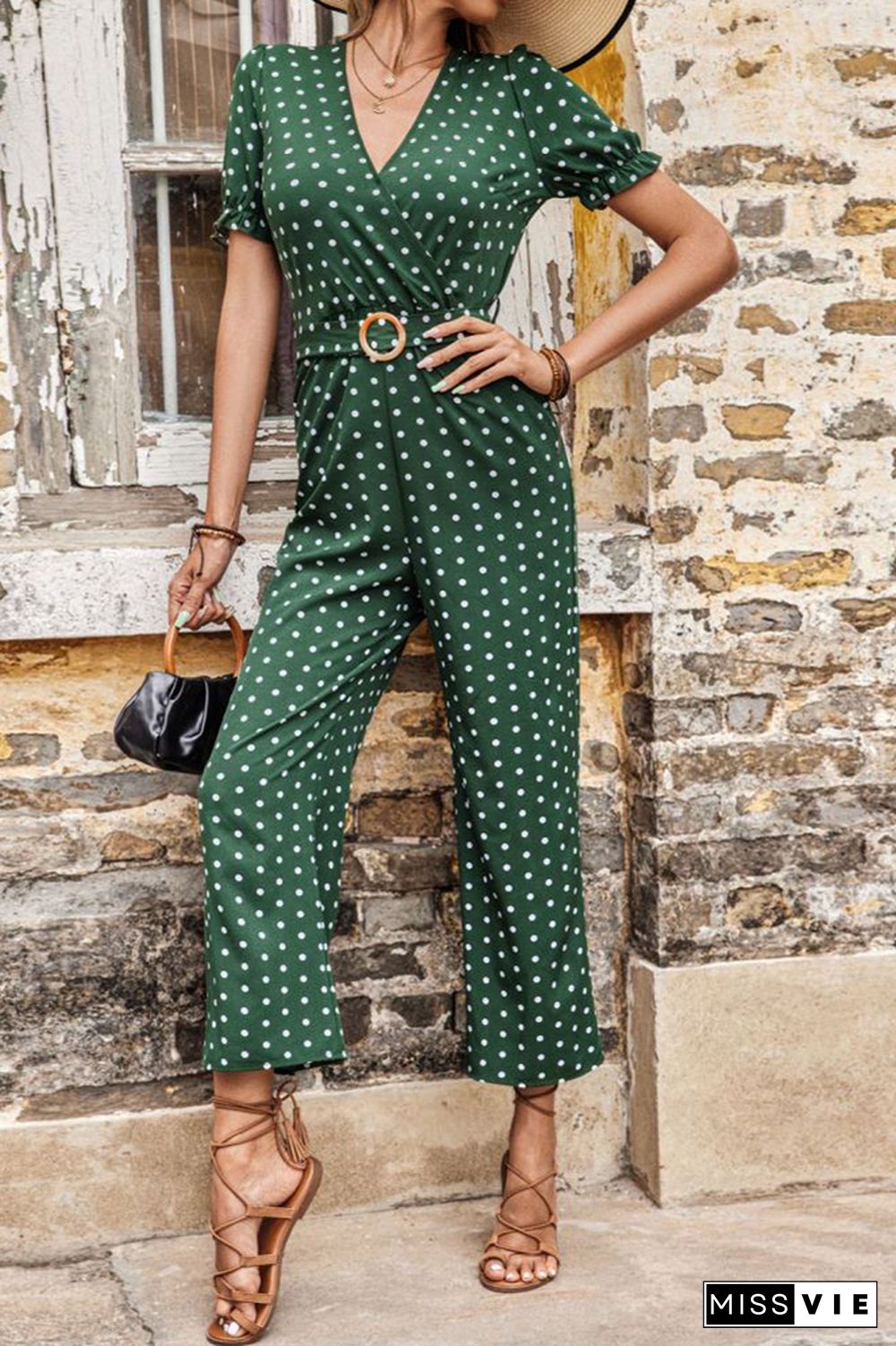 Polka Dot V Neck Jumpsuit Wholesale