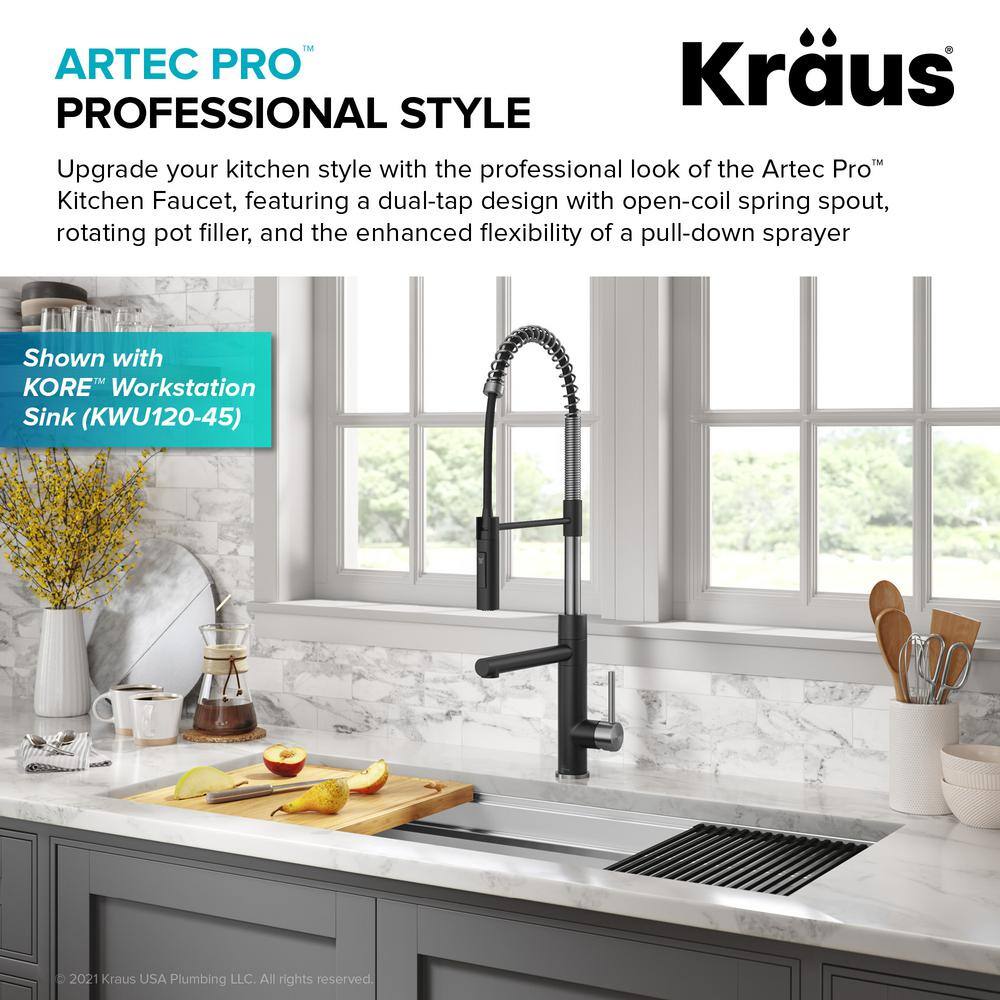 KRAUS Artec ProCommercialStylePull-Down Single Handle Kitchen Faucet with Pot Fillerin Spot Free Stainless Steel  Matte Black KPF-1604SFSMB