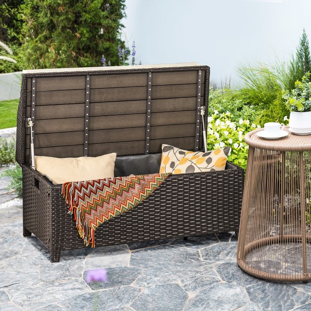 Outsunny Storage Bench Rattan Wicker Garden Deck Box Bin With Interior Waterproof Cloth Bag And Comfortable Cushion