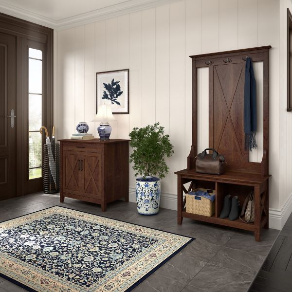 Bush Furniture Key West Entryway Storage Set with Hall Tree， Shoe Bench and Armoire Cabinet in Bing Cherry