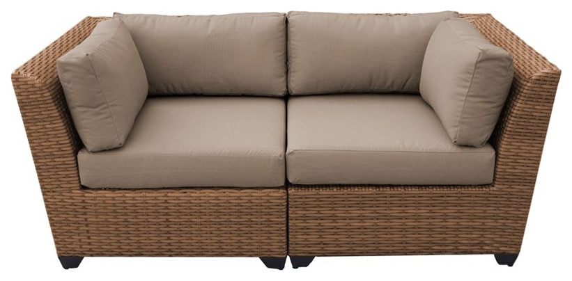 Afuera Living Outdoor Patio Wicker Loveseat in Tan   Tropical   Outdoor Loveseats   by Homesquare  Houzz