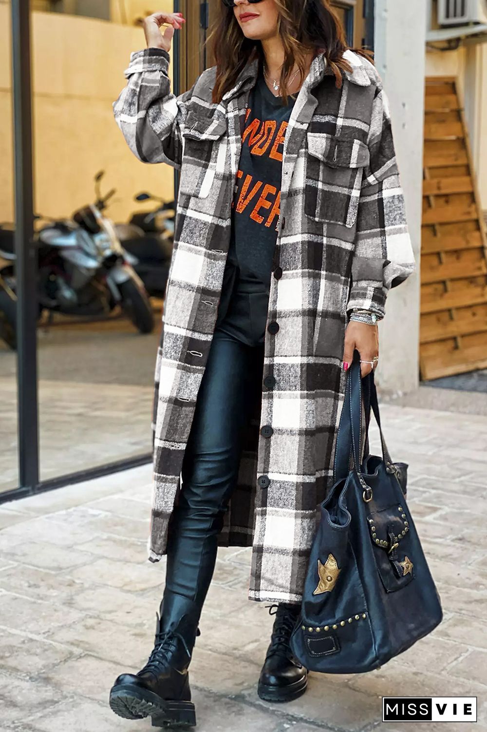 KarliDress Lapel Plaid Print Woolen Long Coat P12611