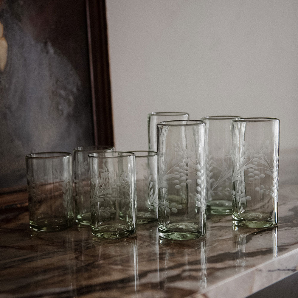 Hand-etched Floral Recycled Glassware - Short