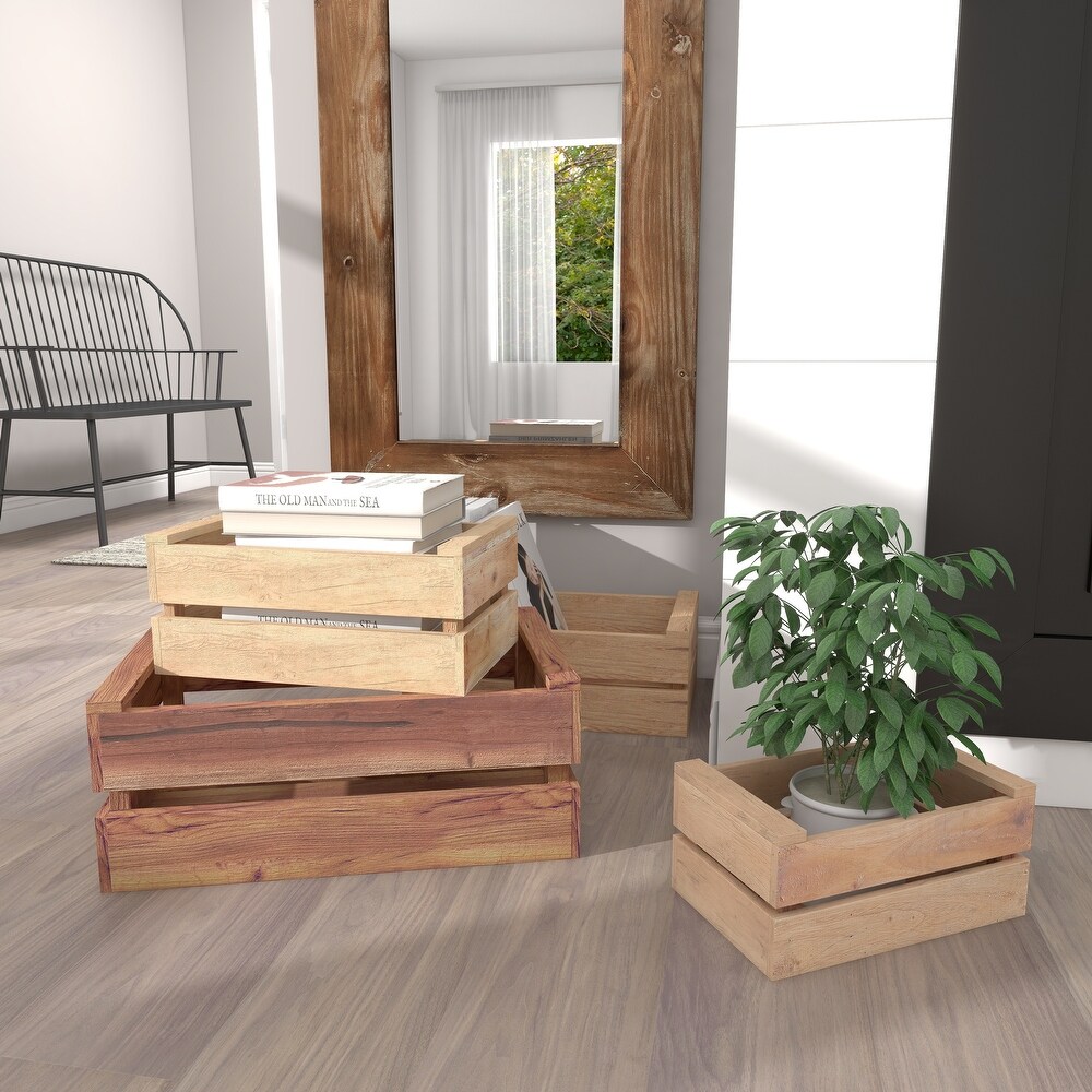 Brown Wood Handmade Storage Basket with Handles (Set of 4)   S/4 13\