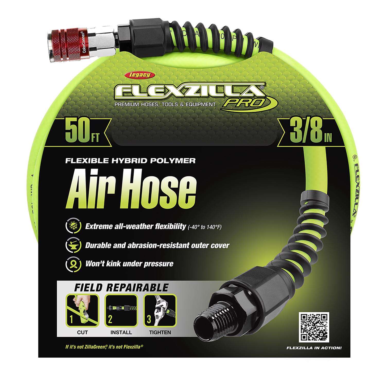 Flexzilla Pro 50 ft. L X 3/8 in. D Hybrid Polymer Air Hose Kit 300 psi Zilla Green