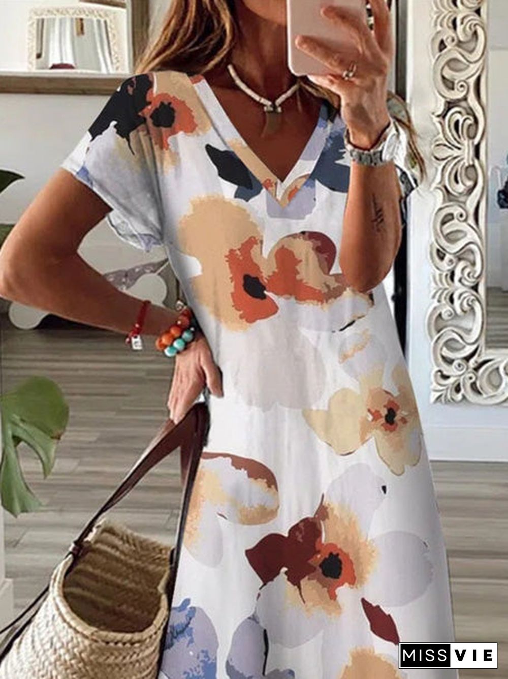 Women'S Dresses Floral Print V-Neck Short Sleeve Slit Dress